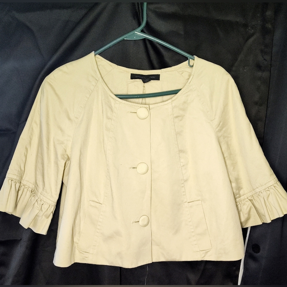 Express Cream Short Boxy Jacket with Ruffle Sleeves